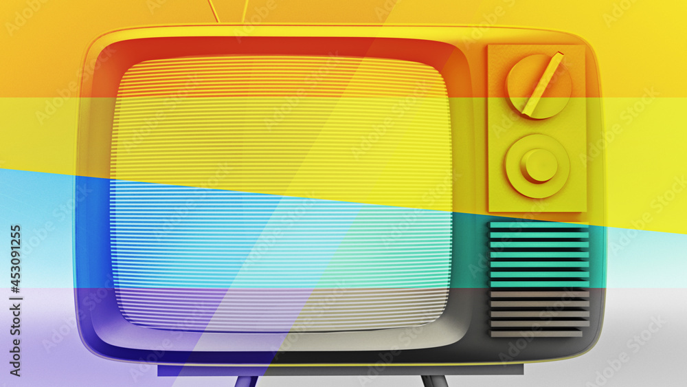 Television set close up, front view. A 3D rendering, in a colorful