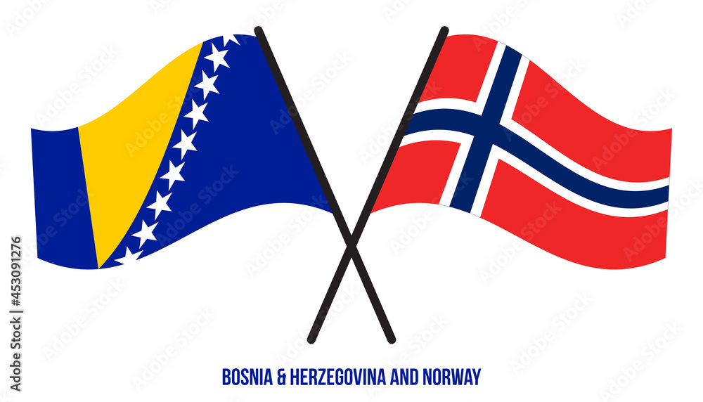 Bosnia & Herzegovina and Norway Flags Crossed And Waving Flat Style. Official Proportion Colors.