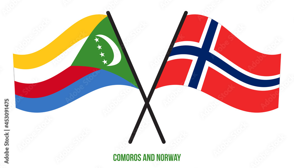 Comoros and Norway Flags Crossed And Waving Flat Style. Official Proportion. Correct Colors.