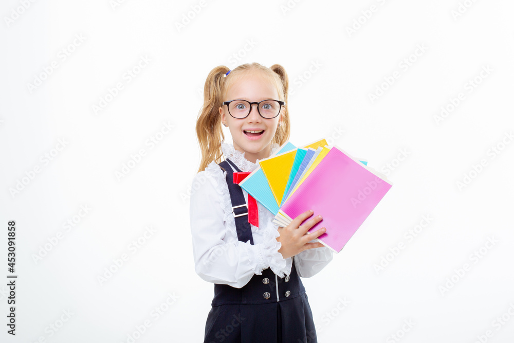 a little schoolgirl girl holds notebooks on a white background isolated a little schoolgirl girl holds notebooks on a white background isolated