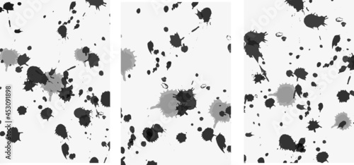 Collection of modern minimalistic simple abstractions (posters) with ink blots (blots) on gray background