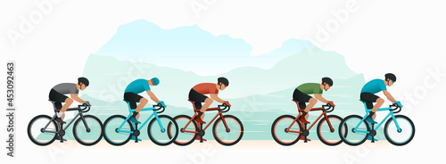 Cycling tournament. Cyclists chase the leader of the race. The head of the peloton. The cyclist is trying to break away from pursuers. Vector flat design banner panoramic illustration isolated