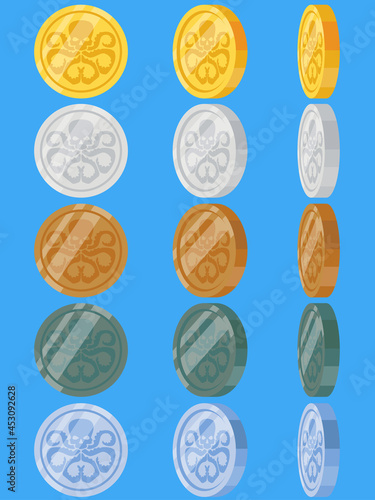 Coins with the image of a skull. Gold, silver, and bronze coins. Pirate treasures. Vector illustration