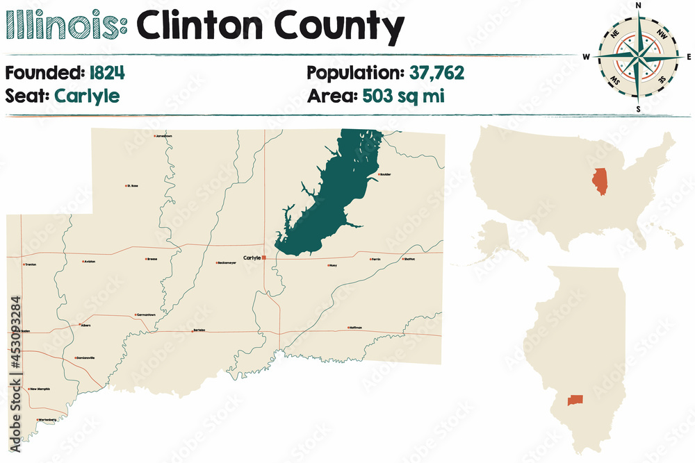 Fototapeta premium Large and detailed map of Clinton county in Illinois, USA.
