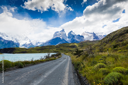 Amazing mountain landscape with Los Cuernos rocks and Lake Pehoe in Torres del Paine national park, Patagonia, Chile