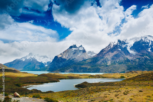 Amazing mountain landscape with Los Cuernos rocks and Lake Pehoe in Torres del Paine national park  Patagonia  Chile