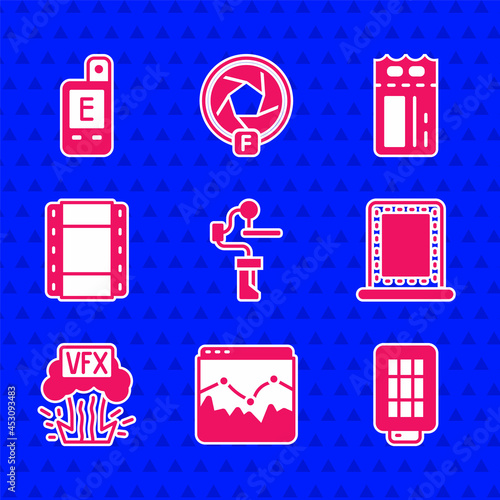 Set Gimbal stabilizer for camera, Music wave equalizer, Softbox light, Makeup mirror with lights, VFX, Play Video, Cinema ticket and Light meter icon. Vector