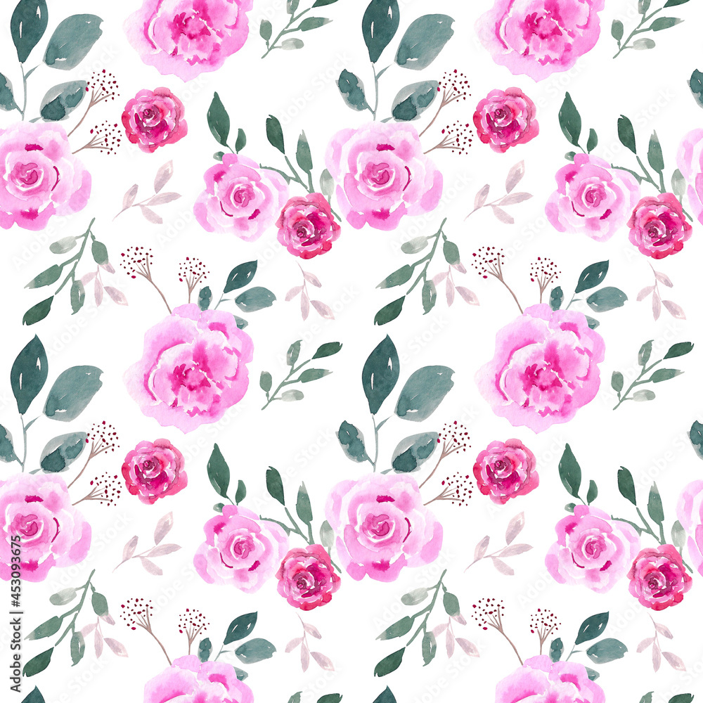 Watercolor seamless pattern. Floral design with greenery. Seamless design for backgrounds, prints, etc.