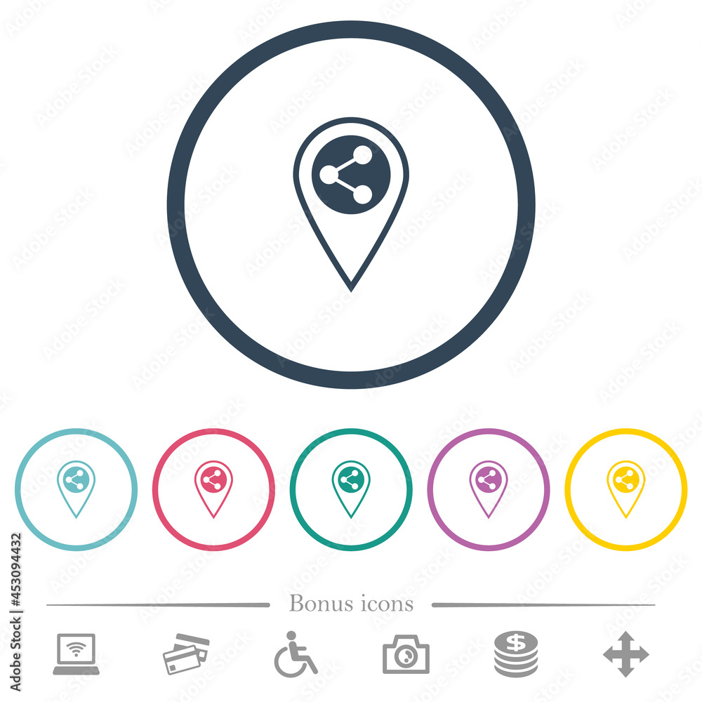Share GPS location flat color icons in round outlines Share GPS location flat color icons in round outlines