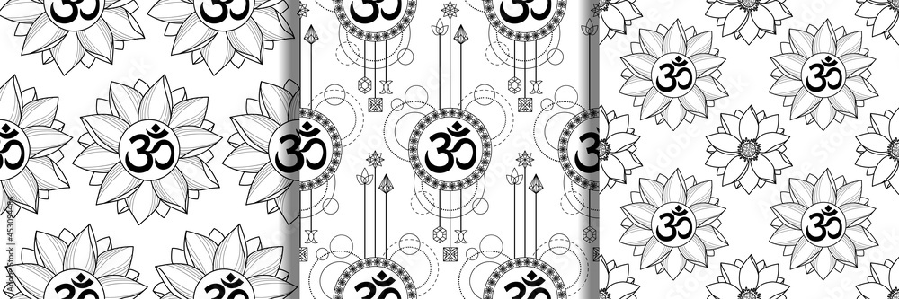 Mantra Om and Lotus seamless patterns set - obrazy, fototapety, plakaty 