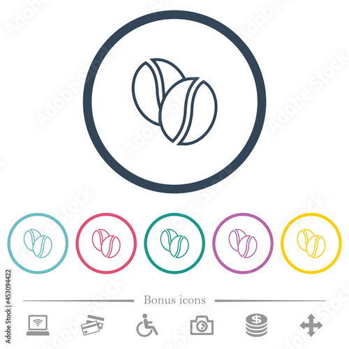 Coffe beans outline flat color icons in round outlines