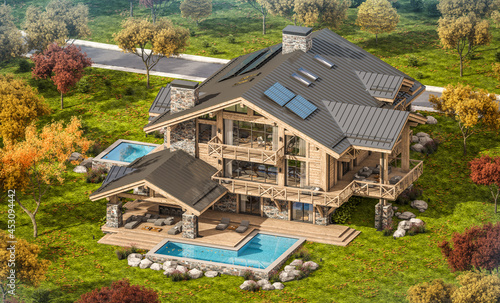 3d rendering of modern cozy chalet with pool and parking for sale or rent. Beautiful forest mountains on background. Massive timber beams columns. Clear sunny autumn day with golden leaves anywhere. © korisbo