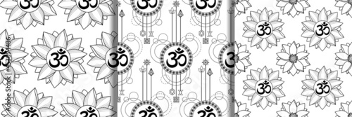 Mantra Om and Lotus seamless patterns set