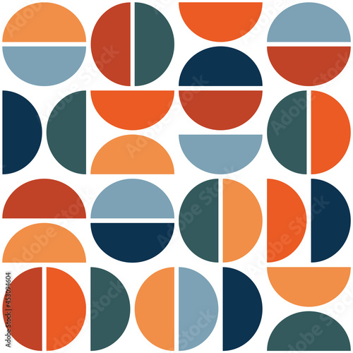 Seamless geometric Mid Century inspirational pattern with colorful (orange, navy blue, light blue, red, turquoise) semicircles decoration on white background © anasztazia