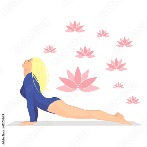 The girl is doing yoga. A position in yoga.