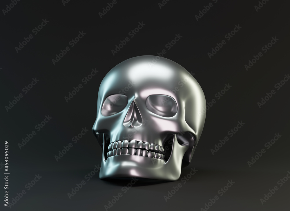 Silver human skull on black background. Design element for Halloween greeting card template. 3d render Silver human skull on black background. Design element for Halloween greeting card template. 3d render
