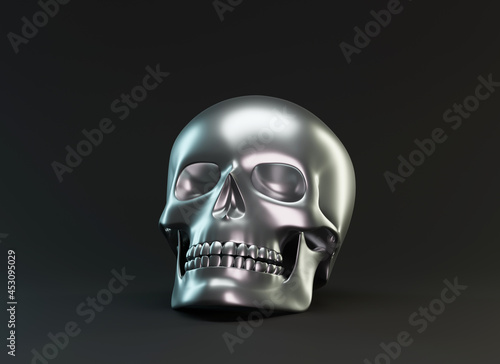 Silver human skull on black background. Design element for Halloween greeting card template. 3d render