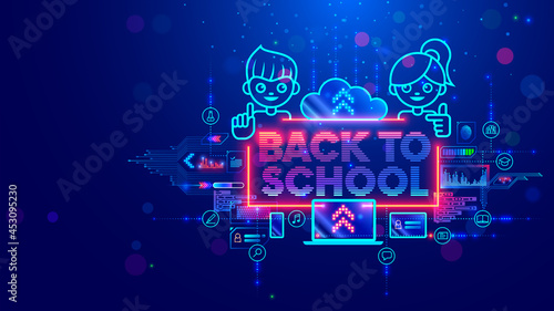 Online education of children on computer through internet web platform. Back to school. Technology remote study or learning of kids. Banner of digital studying. Boy and girl look at webinar on laptop