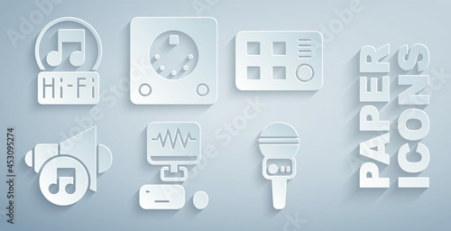 Set Music recording studio, Drum machine, Speaker volume, Microphone, and note, tone icon. Vector