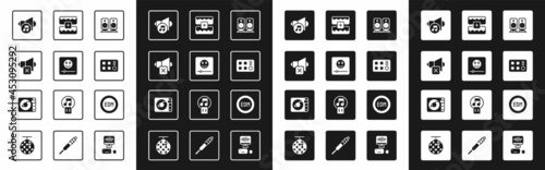 Set Stereo speaker, Music player, Speaker mute, volume, Drum machine, wave equalizer, EDM electronic dance music and Vinyl with vinyl disk icon. Vector