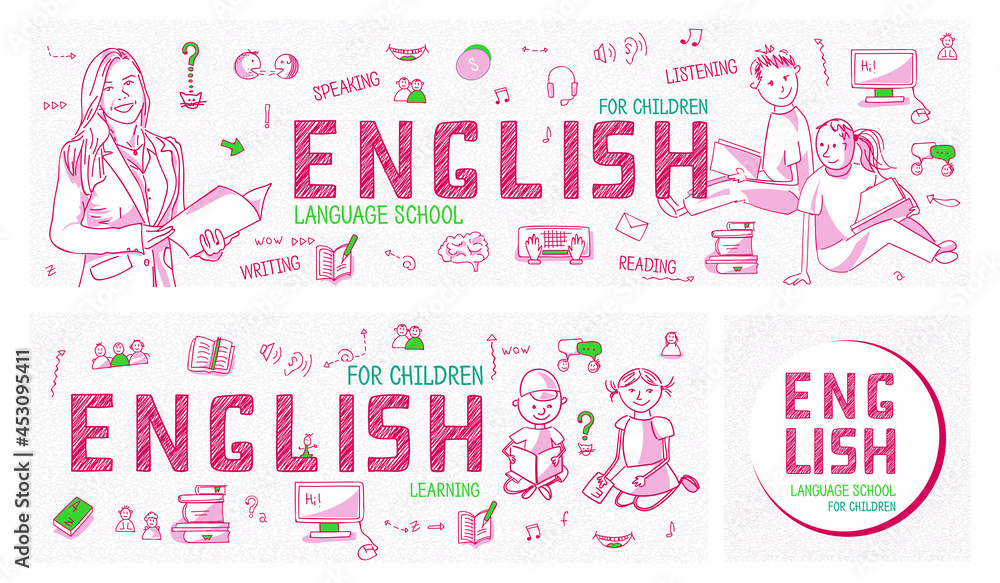 Set of horizontal panoramic banners for Children's Language course. Teach or learn English. Back to school illustration with red outline icons, symbols, signs on white background. Line art, vector
