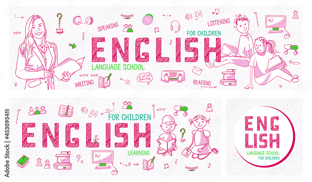 Set of horizontal panoramic banners for Children's Language course. Teach or learn English. Back to school illustration with red outline icons, symbols, signs on white background. Line art, vector Set of horizontal panoramic banners for Children's Language course. Teach or learn English. Back to school illustration with red outline icons, symbols, signs on white background. Line art, vector