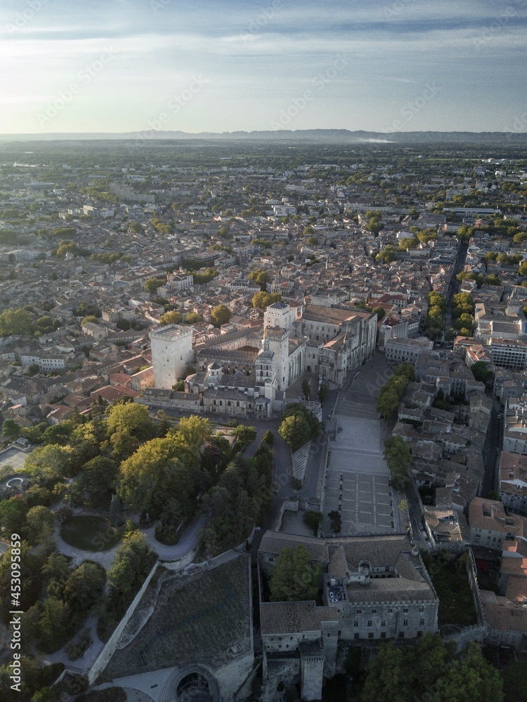 Fototapeta premium Palais des Papes in Avignon under the sunrise, Drone Aerial, France
