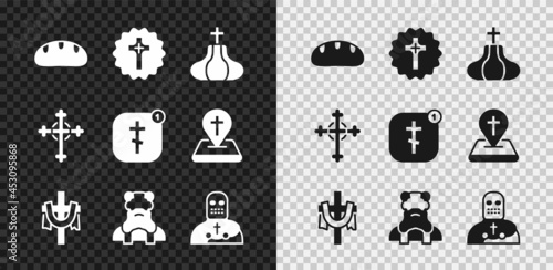 Set Bread loaf, Christian cross, Church tower, Priest, Knight crusader, and Online church pastor preaching icon. Vector