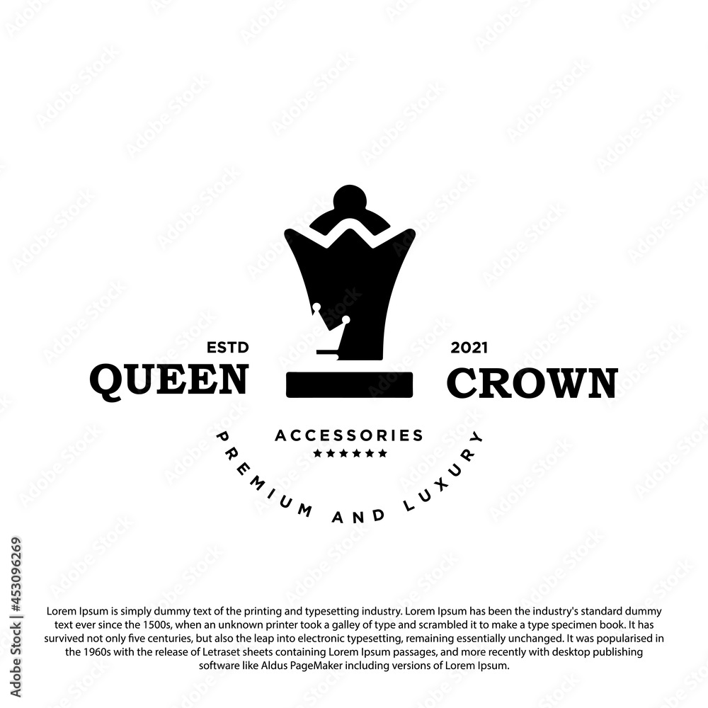 Creative crown and queen chess logo design. queen crown logo vintage vector illustration