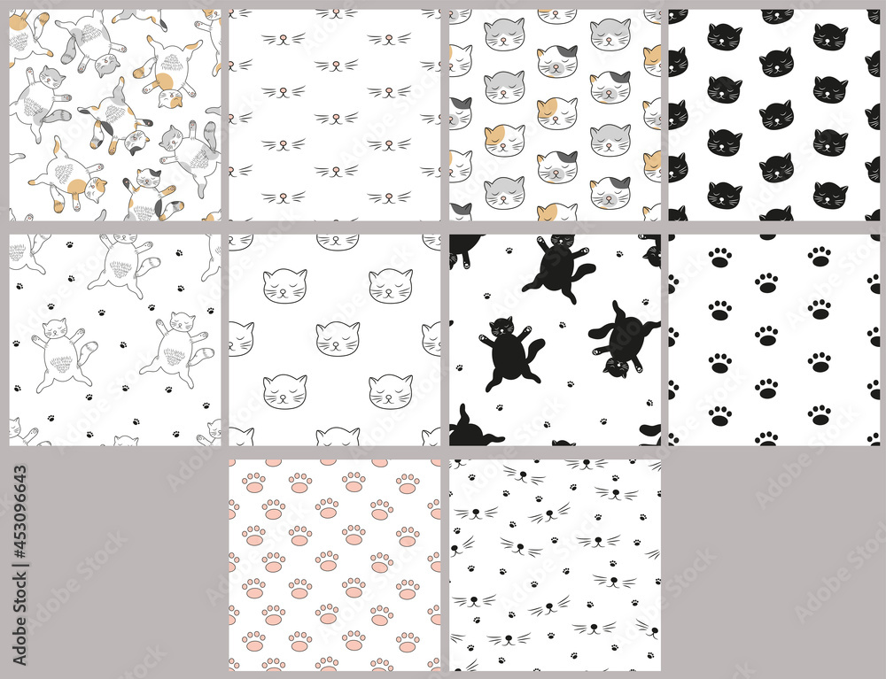 Cat seamless patterns. Cute animal paper pack. Set.