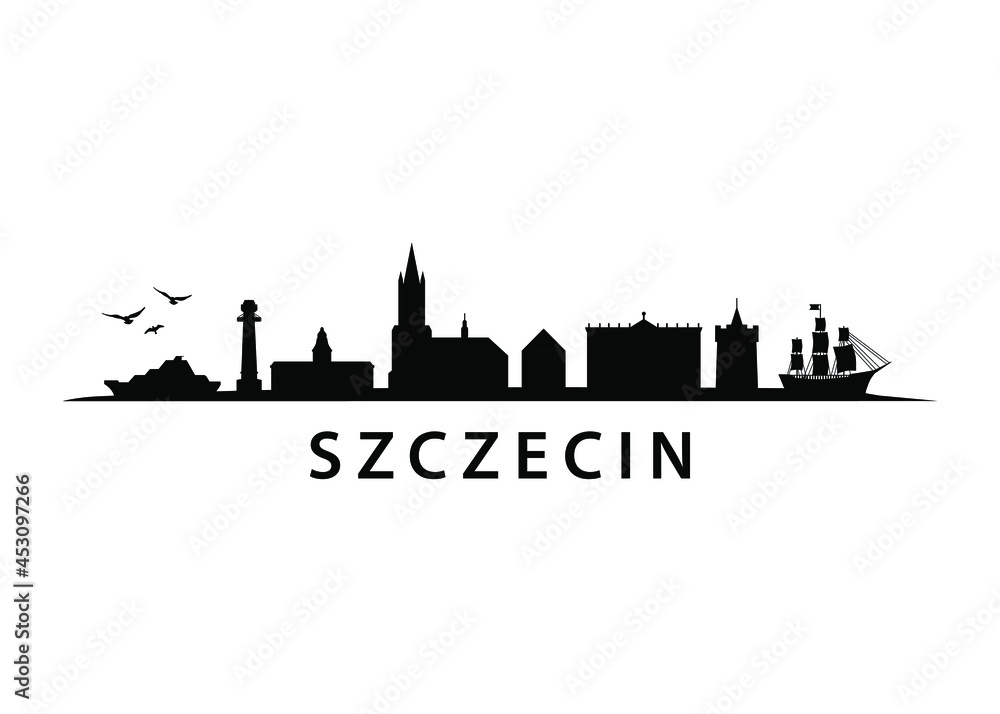Szczecin european city in Poland, buildings, streets, old town and landmarks, polish architecture, panorama landscape skyline flat vector graphic