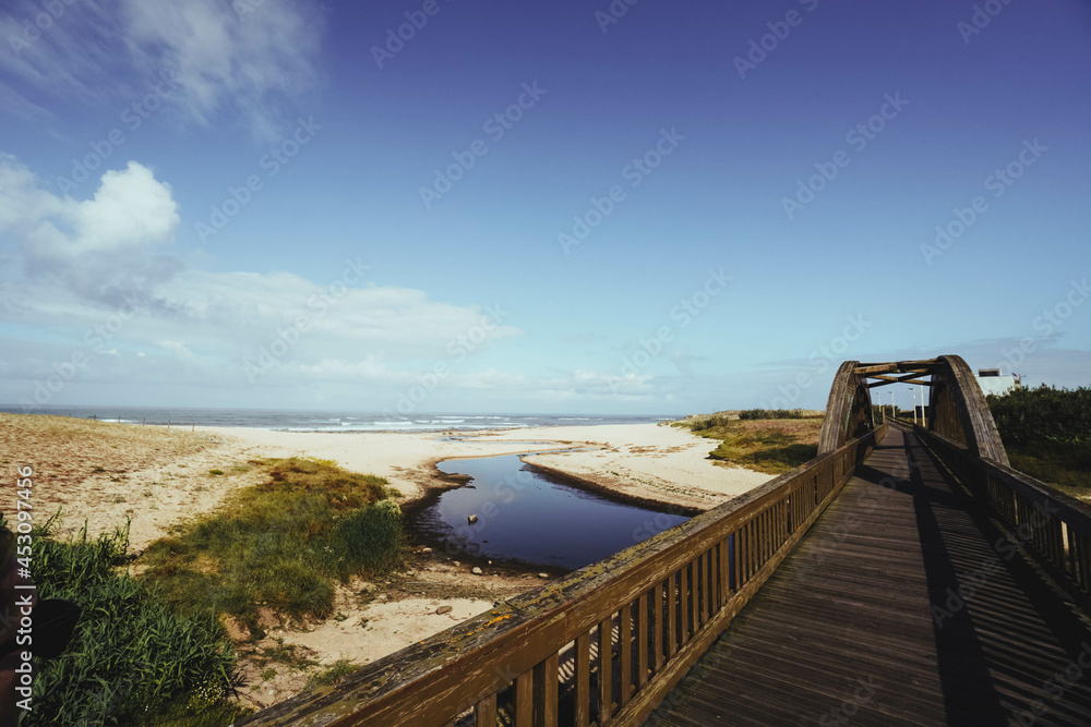 landscape of bridge crossing sandy beach near the sea