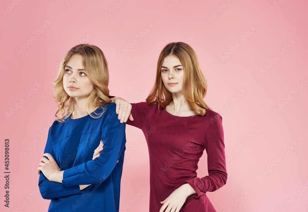 cute girlfriends in dresses are standing next to friendship pink background cute girlfriends in dresses are standing next to friendship pink background