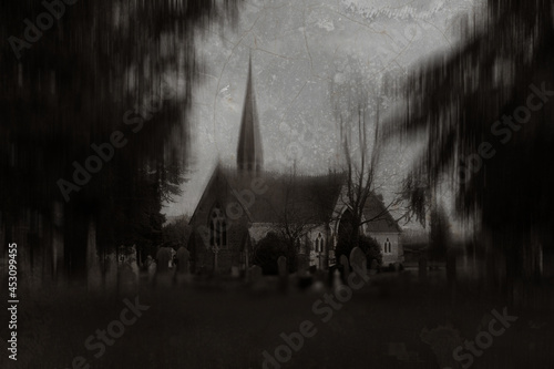 A spooky church and graveyard. With a digital paint effect. With a grunge, textured edit.