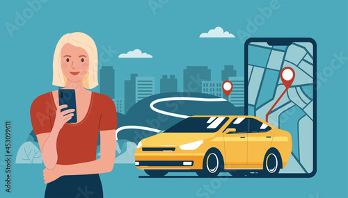 Young woman uses a car rental or taxi service on her smartphone. Vector illustration.