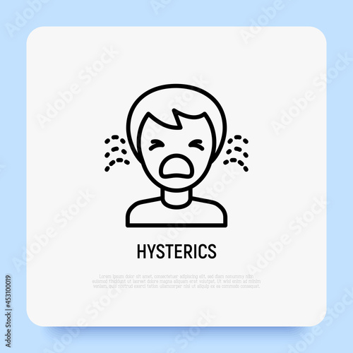 Human in hysterics, crying child thin line icon. Negative emotion. Modern vector illustration