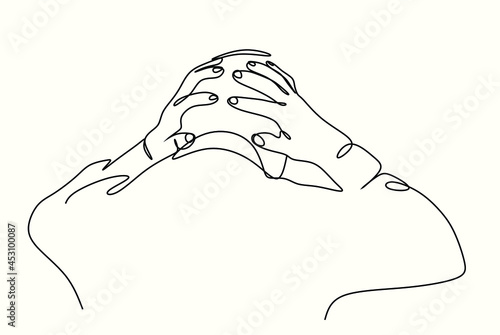 A linear drawing of a man from the back and hands holding his head. The concept of bad mood, mental health, the concept of psychology.