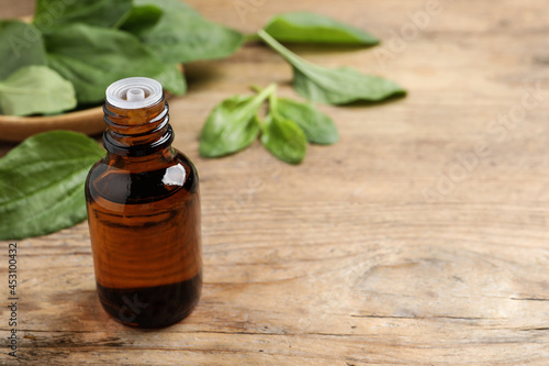 Bottle of broadleaf plantain extract and leaves on wooden table, space for text