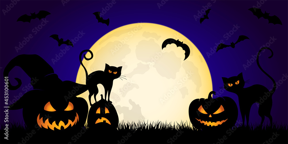 Fototapeta premium Halloween pumpkins and cats with glowing eyes. Greeting card with Jack-o'-lanterns.