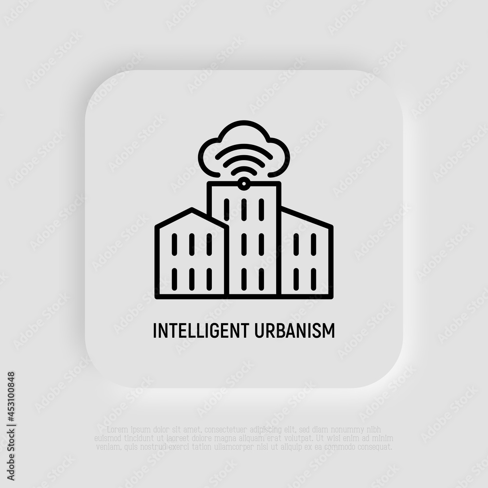 Smart city, intelligent urbanism thin line icon. Cloud computing technology in building. Modern vector illustration. Smart city, intelligent urbanism thin line icon. Cloud computing technology in building. Modern vector illustration.