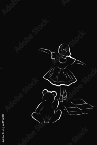 Little girl dancing for her bear. The silhouette of childhood frozen in time photo