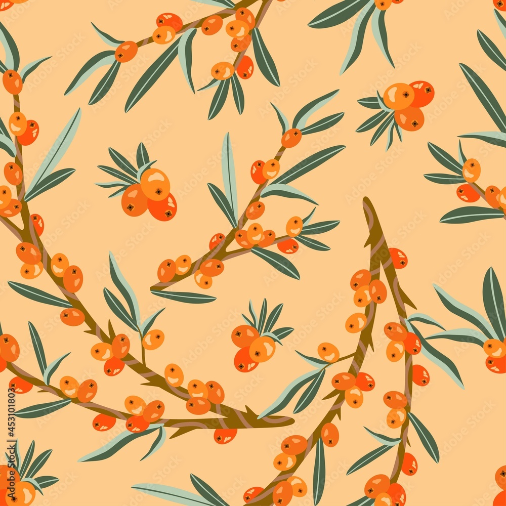 Vector seamless patten of the branches and fruits of the sea buckthorn plant. Design for printing on textiles, packaging, paper, wallpaper. Vector seamless patten of the branches and fruits of the sea buckthorn plant. Design for printing on textiles, packaging, paper, wallpaper.