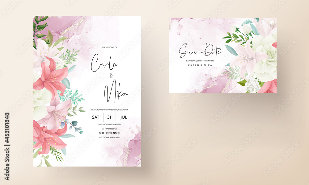 Elegant wedding invitation with beautiful hand drawing flower and leaves
