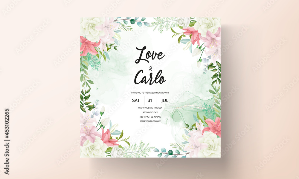 Elegant wedding invitation with beautiful hand drawing flower and leaves