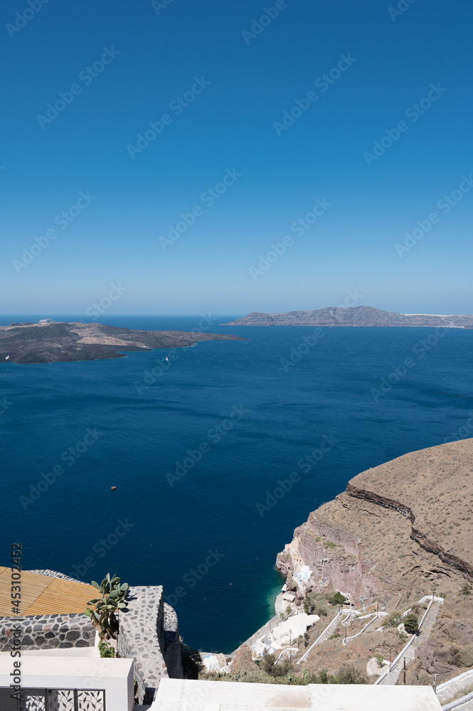 Top view of blue Aegean sea. Santorini, Greece. Volcano island. Luxury tourism