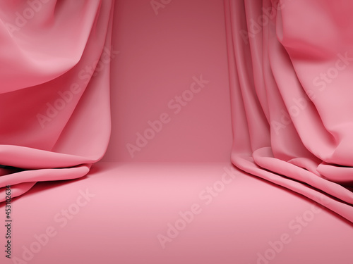 The scene is in pink tones. 3D rendering. Background, pedestal. Spreading on the floor pink curtains near the pink wall.