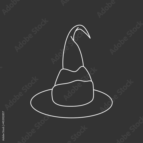 Witch hat vector illustration in doodle style. Hand drawn wizard cap for holiday Halloween. White icon isolated on black background. Scary silhouette magician hat. Accessory for party on Halloween