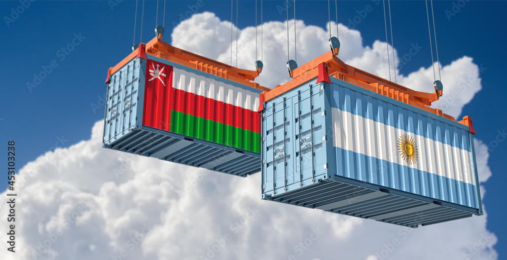 Freight containers with Argentina and Oman national flags. 3D Rendering 