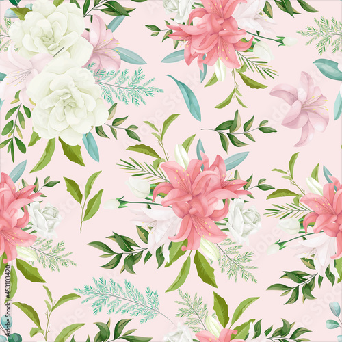 Elegant seamless pattern floral with beautiful hand drawing flower and leaves