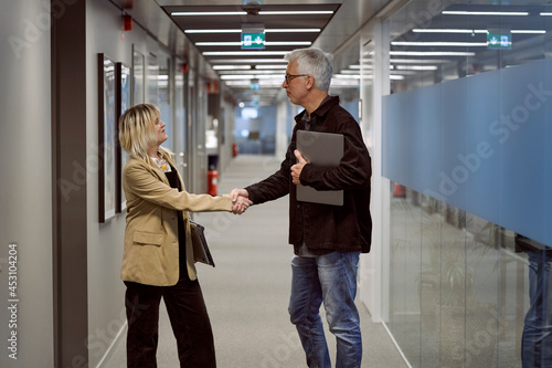 Businessman and businesswoman greeting each other